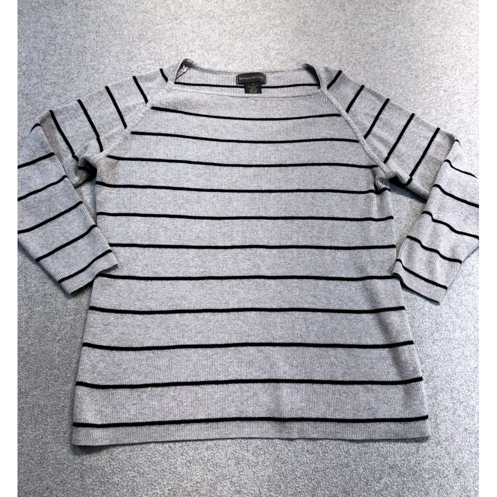 Banana Republic Gray Black Striped Sweater Top Womens Medium 3/4 Sleeve Cotton